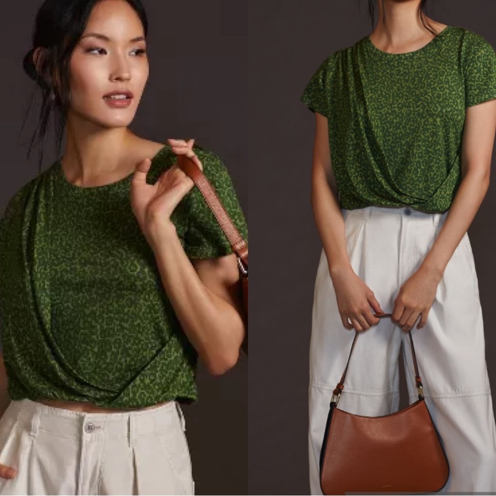 NWT: Anthropologie Draped Tee Green Leopard Women’s XS Casual Top Animal Relaxed